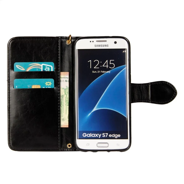 Laser Carving Retro PU Leather Wallet Stand Case for Samsung Galaxy S7 edge SM-G935 - Black
