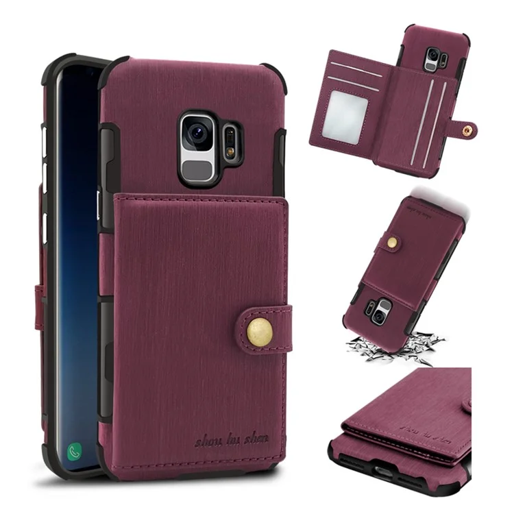 SHOUHUSHEN for Samsung Galaxy S9 G960 Brushed Card Slots PU Leather Coated Hard PC Case - Wine Red