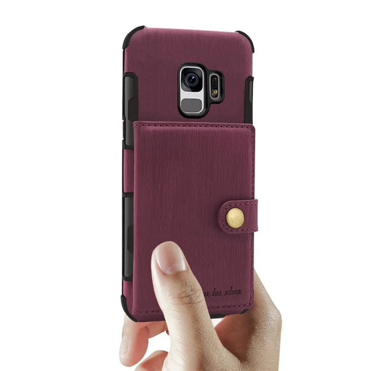 SHOUHUSHEN for Samsung Galaxy S9 G960 Brushed Card Slots PU Leather Coated Hard PC Case - Wine Red