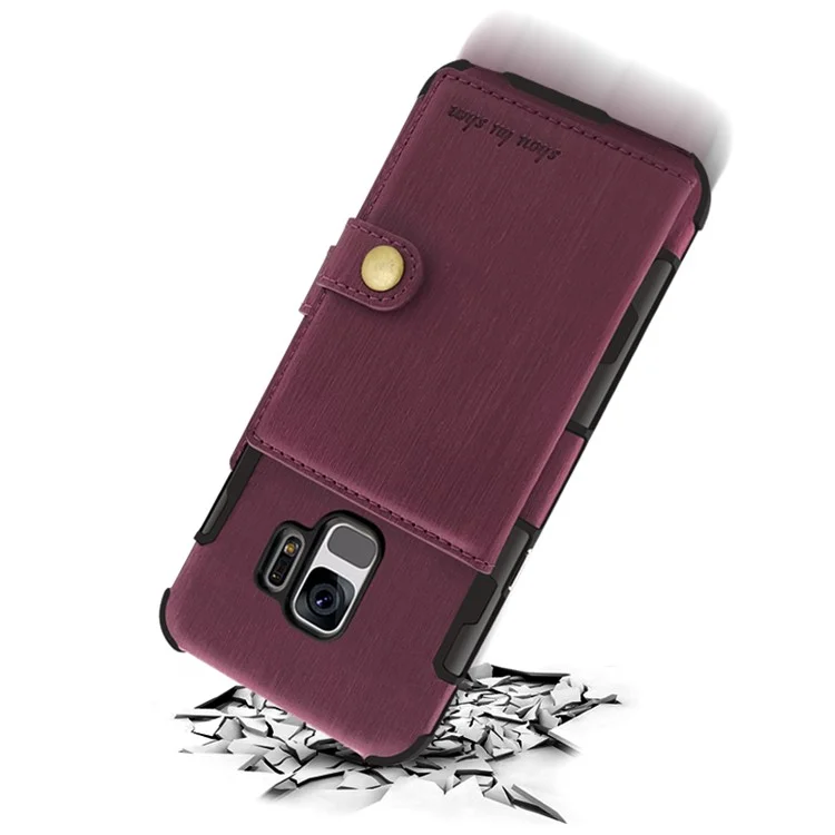 SHOUHUSHEN for Samsung Galaxy S9 G960 Brushed Card Slots PU Leather Coated Hard PC Case - Wine Red
