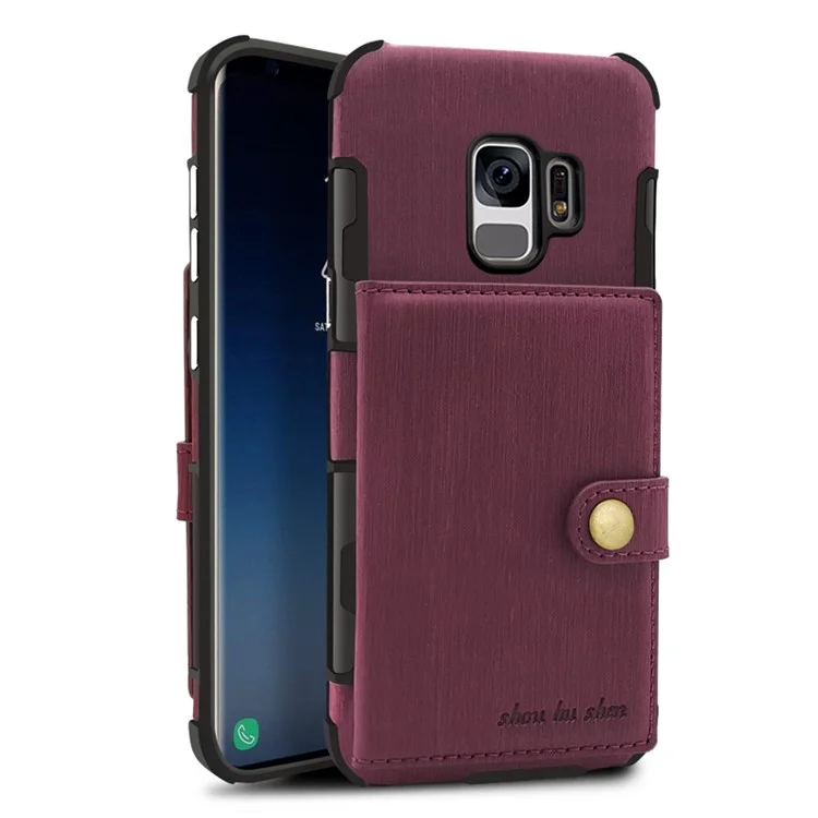 SHOUHUSHEN for Samsung Galaxy S9 G960 Brushed Card Slots PU Leather Coated Hard PC Case - Wine Red