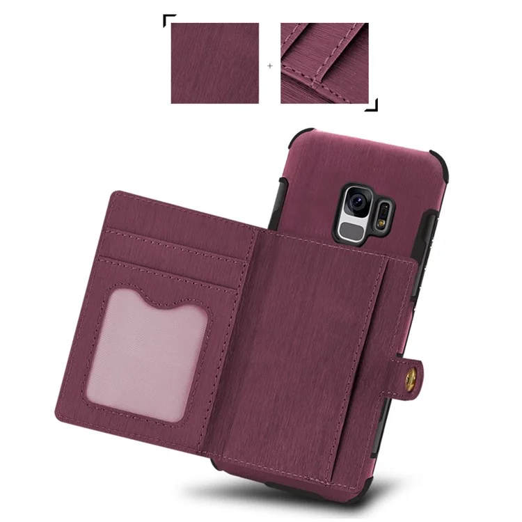 SHOUHUSHEN for Samsung Galaxy S9 G960 Brushed Card Slots PU Leather Coated Hard PC Case - Wine Red