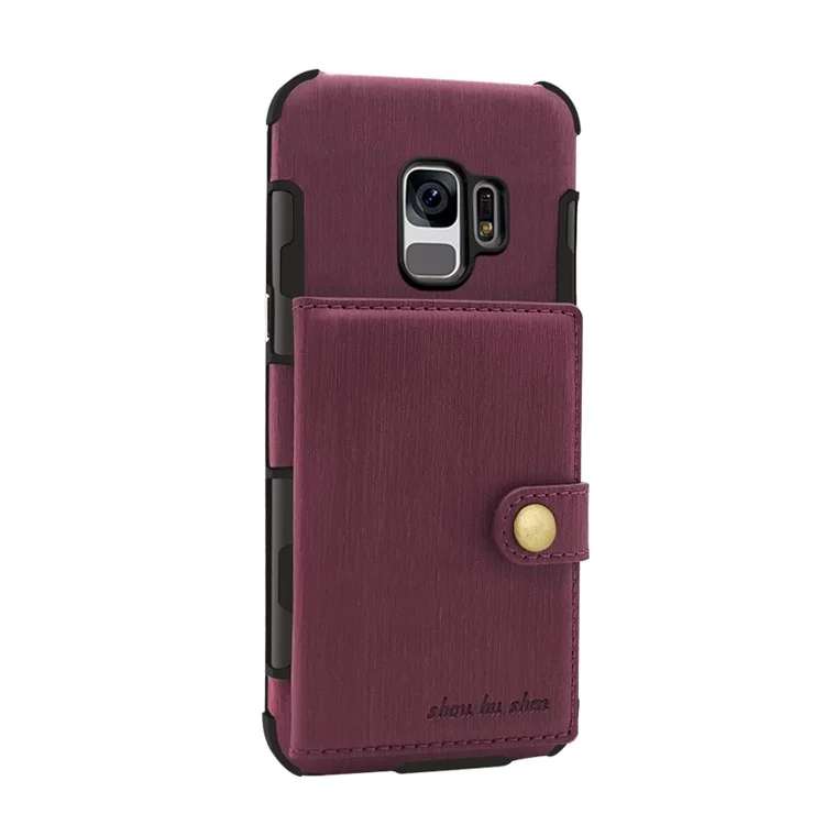 SHOUHUSHEN for Samsung Galaxy S9 G960 Brushed Card Slots PU Leather Coated Hard PC Case - Wine Red