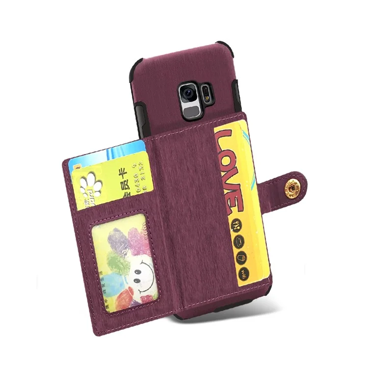 SHOUHUSHEN for Samsung Galaxy S9 G960 Brushed Card Slots PU Leather Coated Hard PC Case - Wine Red