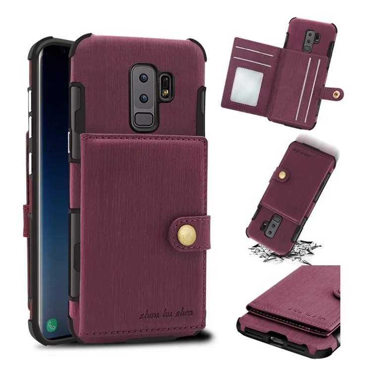 SHOUHUSHEN for Samsung Galaxy S9+ G965 Brushed Card Slots PU Leather Coated Hard Back Case - Wine Red