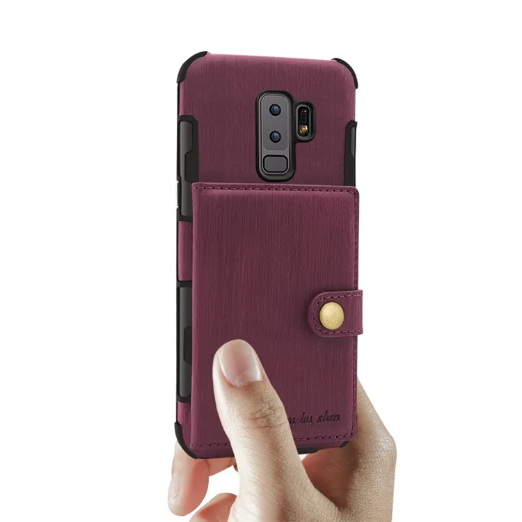 SHOUHUSHEN for Samsung Galaxy S9+ G965 Brushed Card Slots PU Leather Coated Hard Back Case - Wine Red