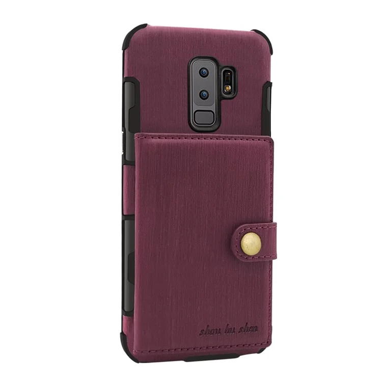 SHOUHUSHEN for Samsung Galaxy S9+ G965 Brushed Card Slots PU Leather Coated Hard Back Case - Wine Red