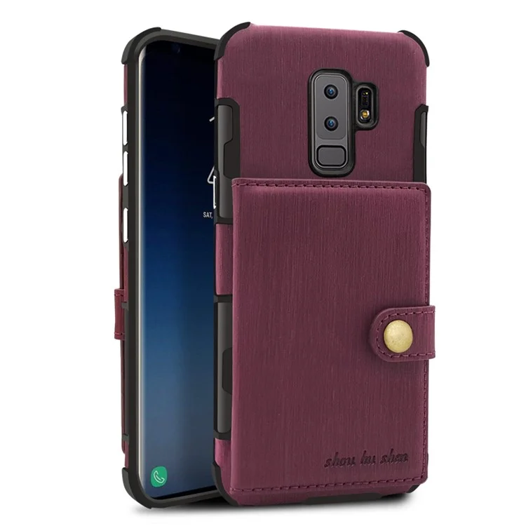 SHOUHUSHEN for Samsung Galaxy S9+ G965 Brushed Card Slots PU Leather Coated Hard Back Case - Wine Red