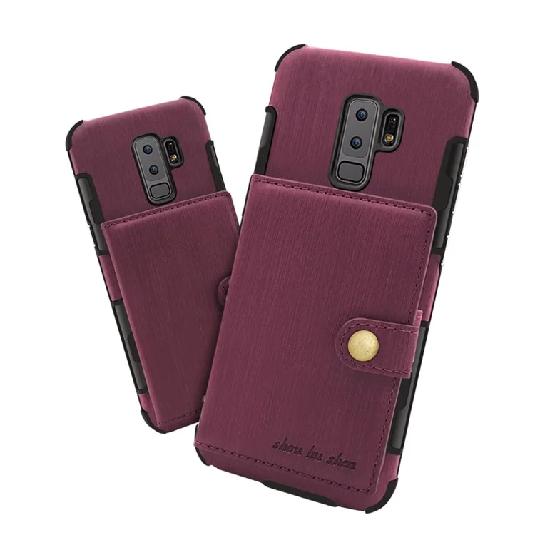 SHOUHUSHEN for Samsung Galaxy S9+ G965 Brushed Card Slots PU Leather Coated Hard Back Case - Wine Red