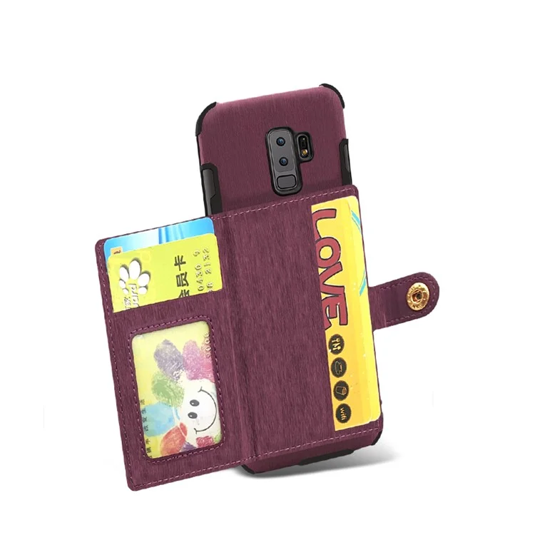 SHOUHUSHEN for Samsung Galaxy S9+ G965 Brushed Card Slots PU Leather Coated Hard Back Case - Wine Red