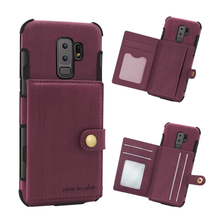 SHOUHUSHEN for Samsung Galaxy S9+ G965 Brushed Card Slots PU Leather Coated Hard Back Case - Wine Red