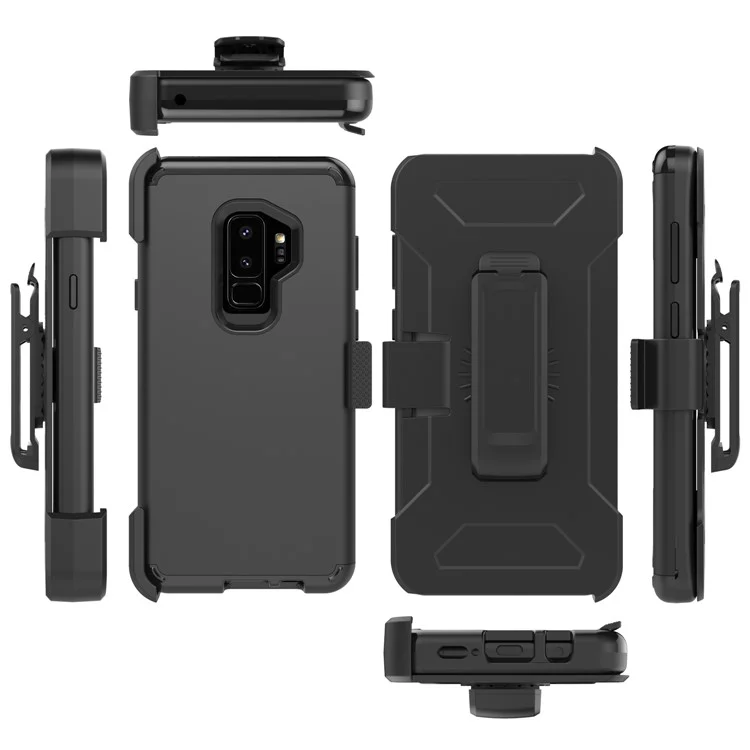 Revolving Kickstand Belt Clip Heavy Duty PC + Silicone Hybrid Case for Samsung Galaxy S9 Plus G965 - Black