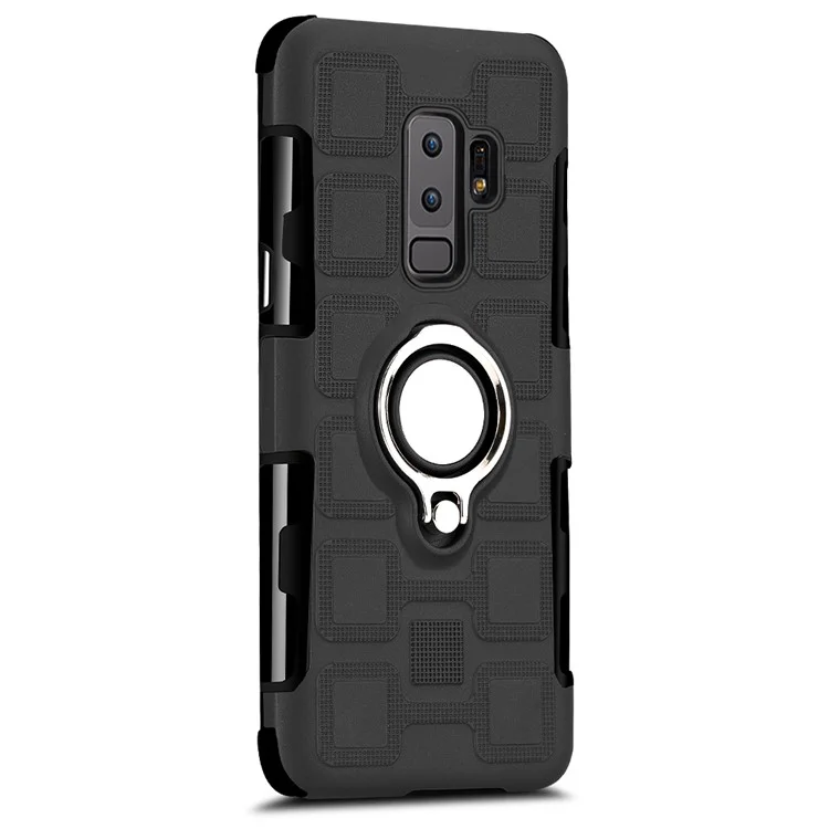 For Samsung Galaxy S9+ SM-G965 Geometric Pattern TPU PC Hybrid Case with Magnetic Car Mount Ring Holder - Black