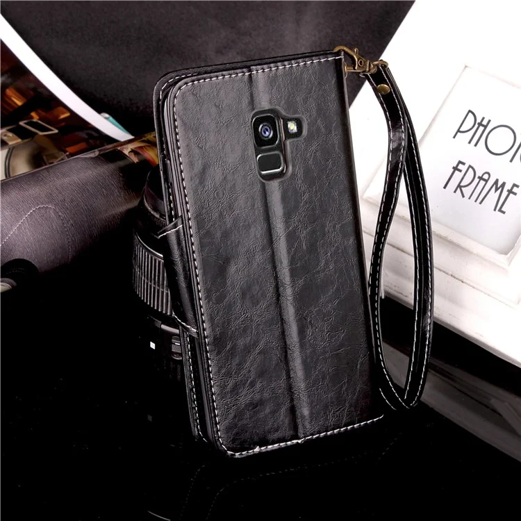 For Samsung Galaxy A8 (2018) Retro Business Style PU Leather Wallet Stand Case - Black