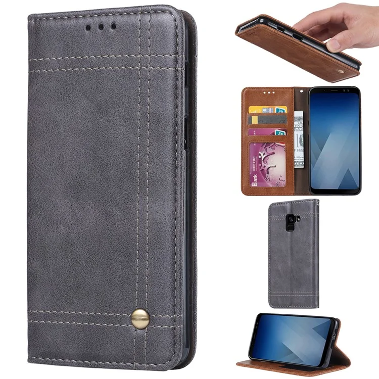 Vintage Leather Wallet Stand Auto-absorbed Phone Cover for Samsung Galaxy A8 (2018) - Grey
