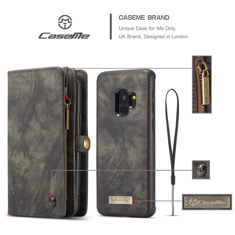 CASEME 2-in-1 Detachable Wallet Split Leather Mobile Case for Samsung Galaxy S9 - Black