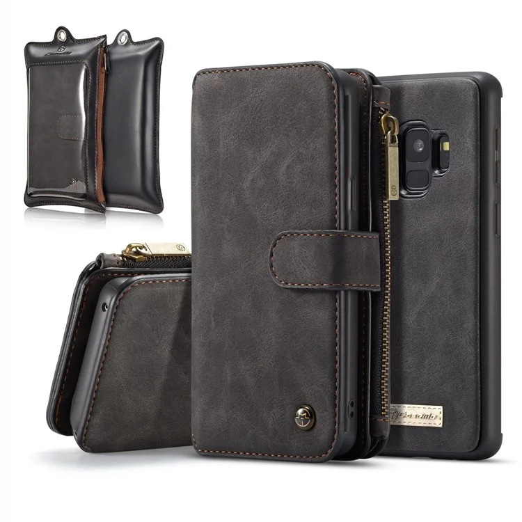 CASEME for Samsung Galaxy S9 14 Slots Wallet Detachable 2-in-1 PC Genuine Split Leather Case with Retail Packaging - Black