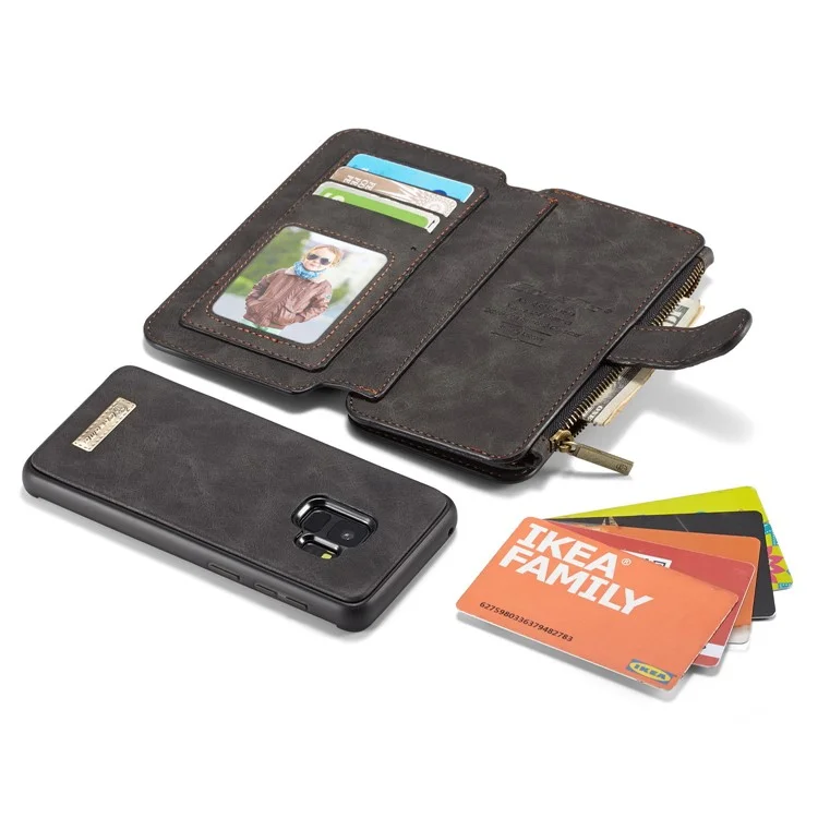 CASEME for Samsung Galaxy S9 14 Slots Wallet Detachable 2-in-1 PC Genuine Split Leather Case with Retail Packaging - Black