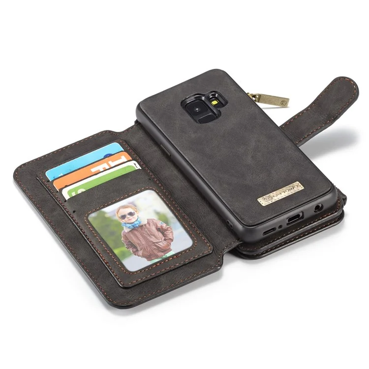 CASEME for Samsung Galaxy S9 14 Slots Wallet Detachable 2-in-1 PC Genuine Split Leather Case with Retail Packaging - Black