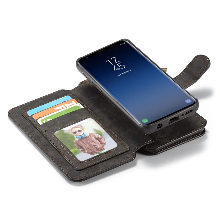 CASEME for Samsung Galaxy S9 14 Slots Wallet Detachable 2-in-1 PC Genuine Split Leather Case with Retail Packaging - Black