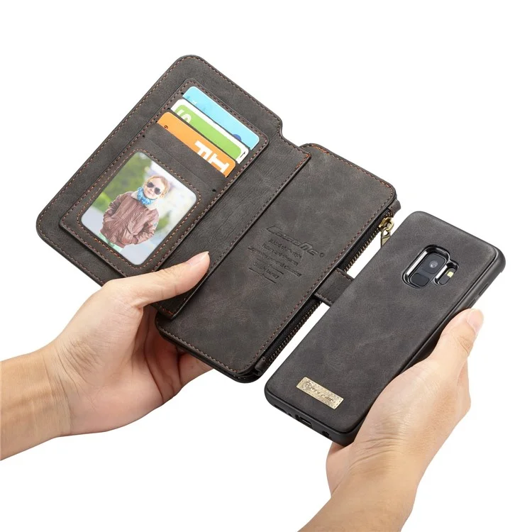 CASEME for Samsung Galaxy S9 14 Slots Wallet Detachable 2-in-1 PC Genuine Split Leather Case with Retail Packaging - Black