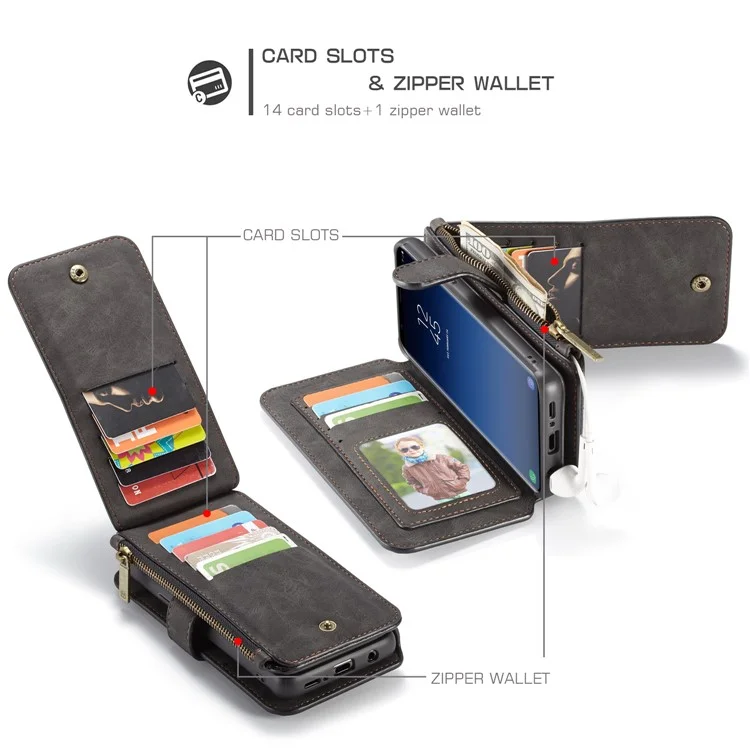 CASEME for Samsung Galaxy S9 14 Slots Wallet Detachable 2-in-1 PC Genuine Split Leather Case with Retail Packaging - Black