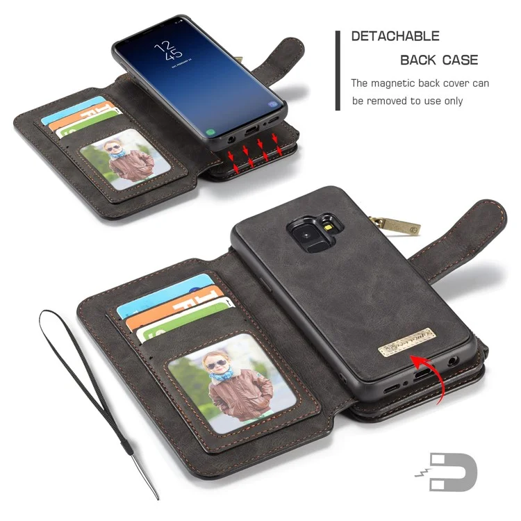 CASEME for Samsung Galaxy S9 14 Slots Wallet Detachable 2-in-1 PC Genuine Split Leather Case with Retail Packaging - Black