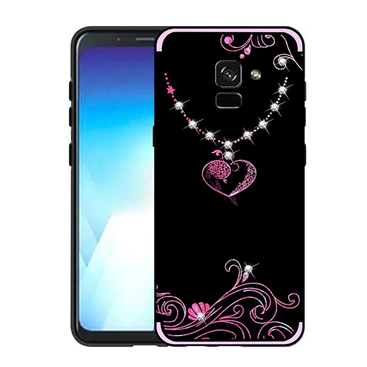 NXE Pattern Printing Rhinestone Decorated Soft TPU Case for Samsung Galaxy A8 (2018) - Necklace with Heart Pendant