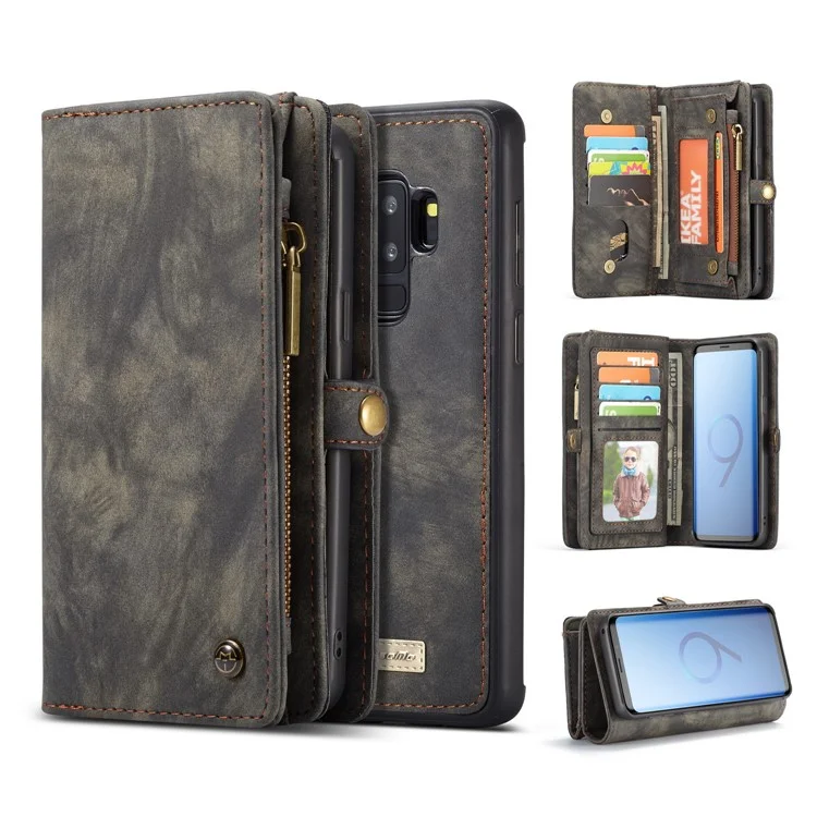 CASEME Detachable 2-in-1 Multi-slot Wallet Vintage Split Leather Casing for Samsung Galaxy S9 Plus SM-G965 - Grey