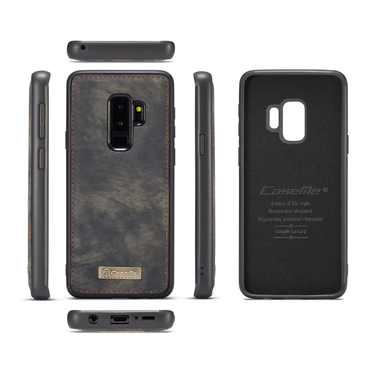 CASEME Detachable 2-in-1 Multi-slot Wallet Vintage Split Leather Casing for Samsung Galaxy S9 Plus SM-G965 - Grey