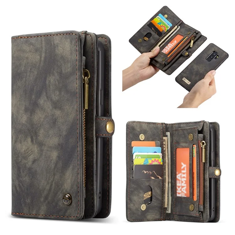 CASEME Detachable 2-in-1 Multi-slot Wallet Vintage Split Leather Casing for Samsung Galaxy S9 Plus SM-G965 - Grey