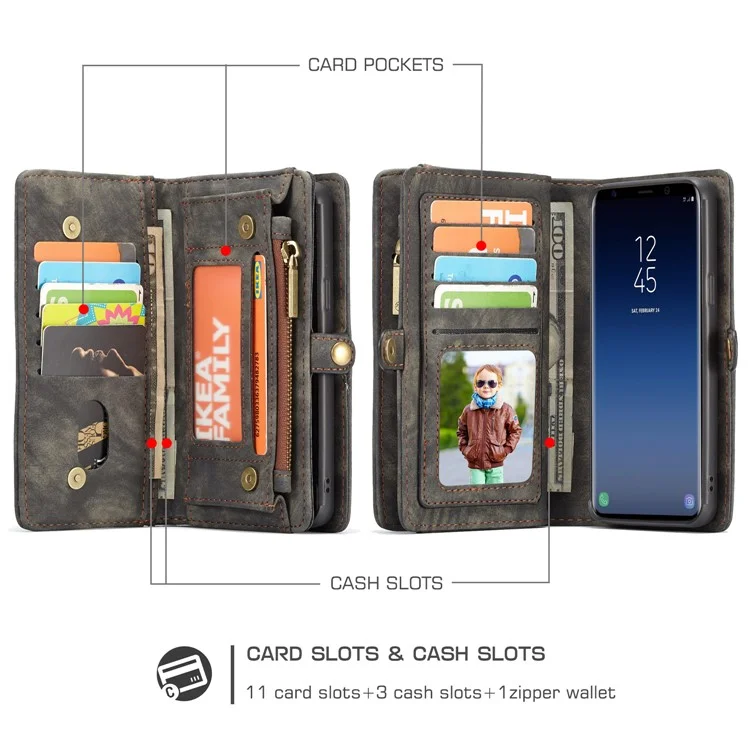 CASEME Detachable 2-in-1 Multi-slot Wallet Vintage Split Leather Casing for Samsung Galaxy S9 Plus SM-G965 - Grey