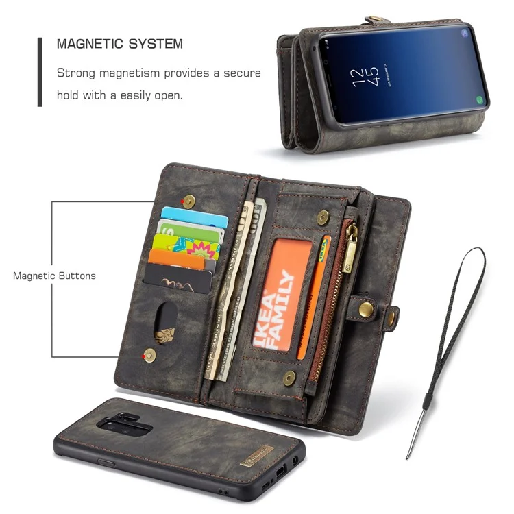 CASEME Detachable 2-in-1 Multi-slot Wallet Vintage Split Leather Casing for Samsung Galaxy S9 Plus SM-G965 - Grey