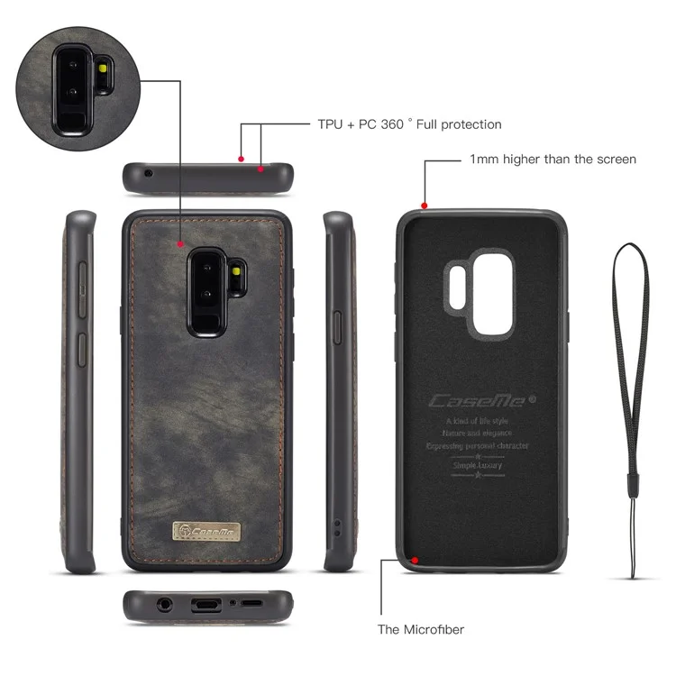CASEME Detachable 2-in-1 Multi-slot Wallet Vintage Split Leather Casing for Samsung Galaxy S9 Plus SM-G965 - Grey
