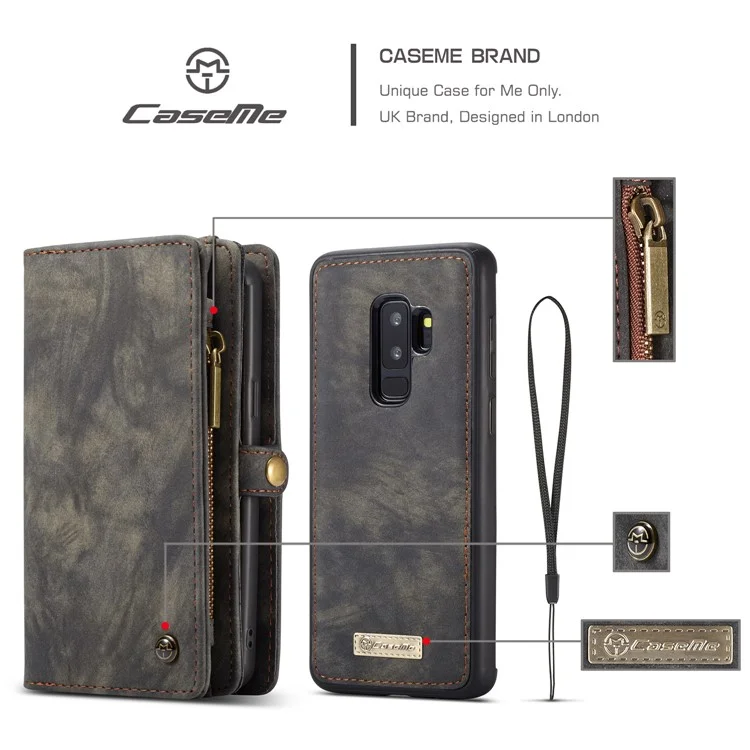 CASEME Detachable 2-in-1 Multi-slot Wallet Vintage Split Leather Casing for Samsung Galaxy S9 Plus SM-G965 - Grey