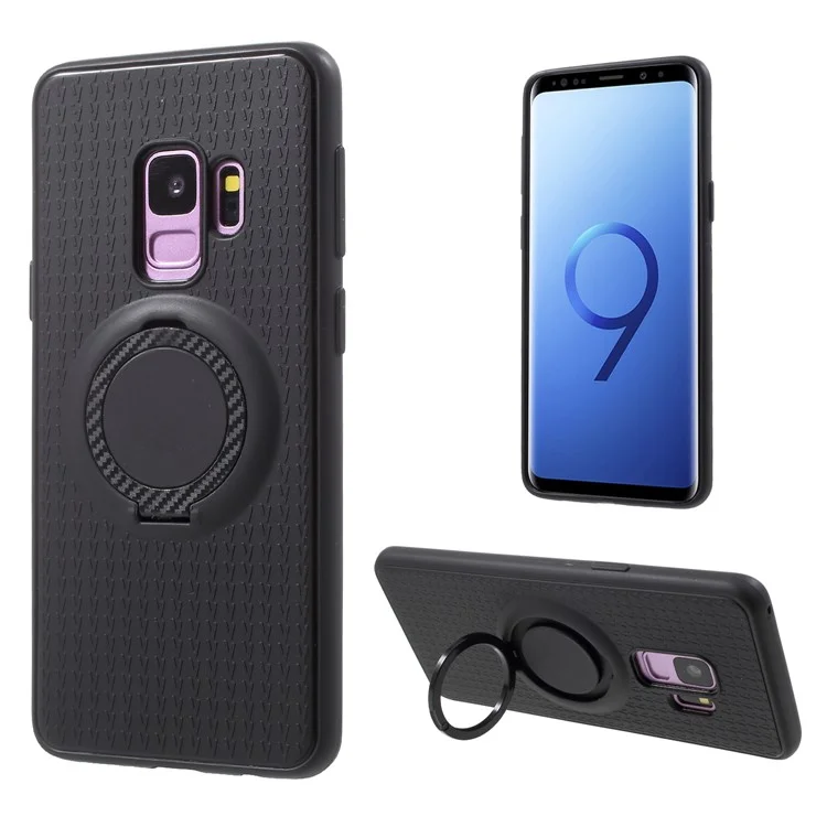 Y-type Grain Anti-skid Ring Kickstand TPU Case for Samsung Galaxy S9 SM-G960 (Built-in Magnetic Holder Metal Sheet) - Black