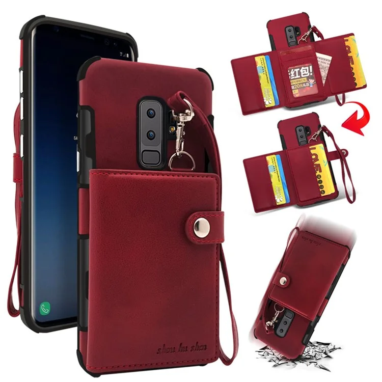 Multifunctional PU Leather Coated TPU Card Holder Mobile Case for Samsung Galaxy S9+ G965 - Wine Red