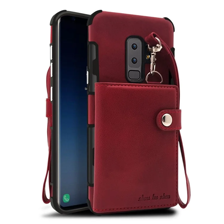 Multifunctional PU Leather Coated TPU Card Holder Mobile Case for Samsung Galaxy S9+ G965 - Wine Red