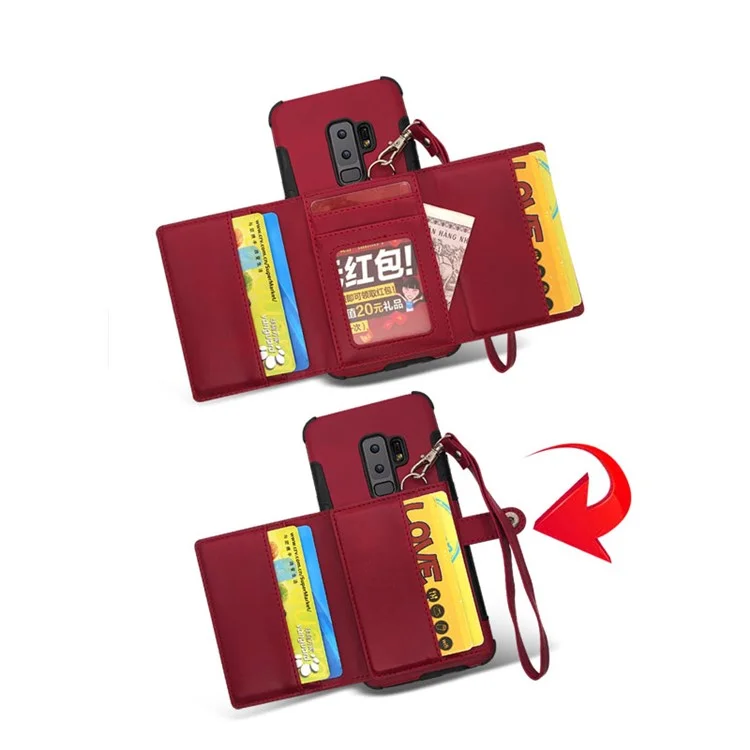 Multifunctional PU Leather Coated TPU Card Holder Mobile Case for Samsung Galaxy S9+ G965 - Wine Red