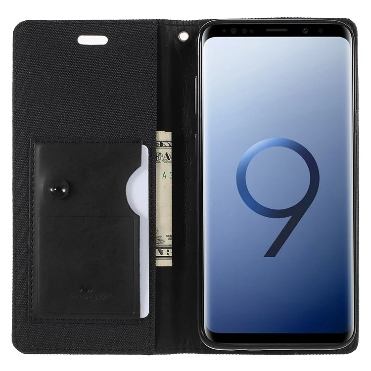 MERCURY GOOSPERY Jeans Cloth Flip Wallet Leather Case with Strap for Samsung Galaxy S9+ SM-G965 - Black