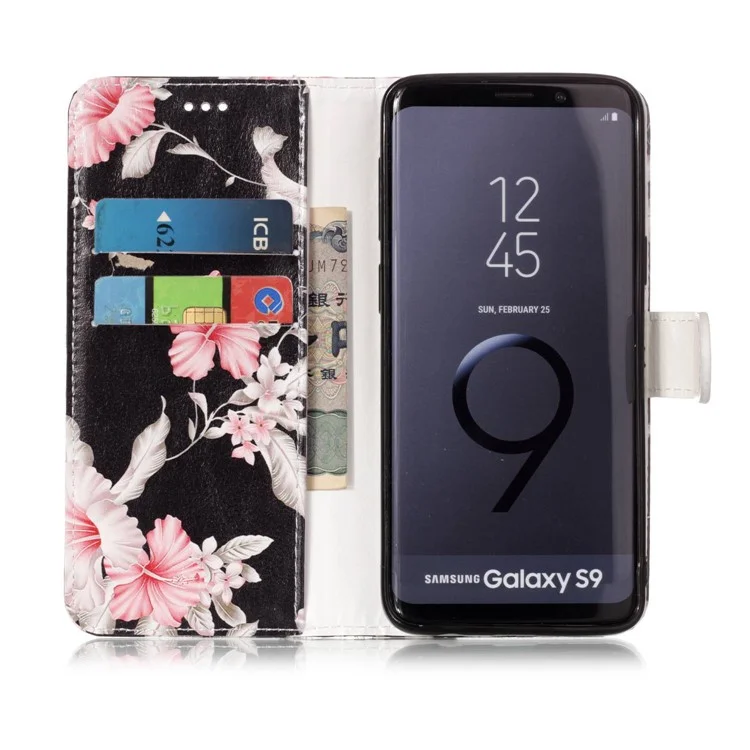 Узорчатый Кожаный Кошелек PU Защитная Оболочка Для Samsung Galaxy S9 G960 - Розовый Цветок