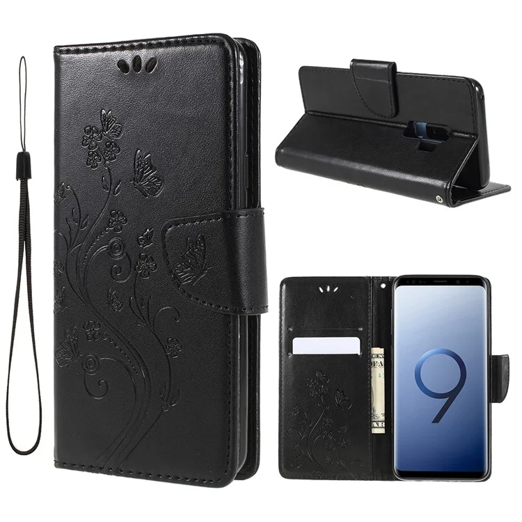 For Samsung Galaxy S9+ G965 Imprint Butterfly Flower Wallet Stand Leather Case - Black