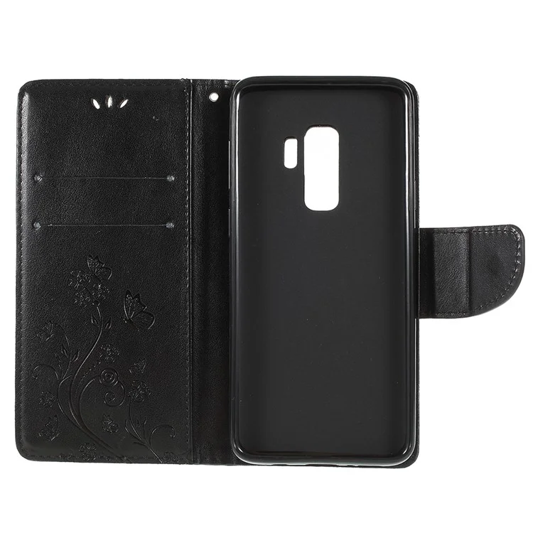 For Samsung Galaxy S9+ G965 Imprint Butterfly Flower Wallet Stand Leather Case - Black
