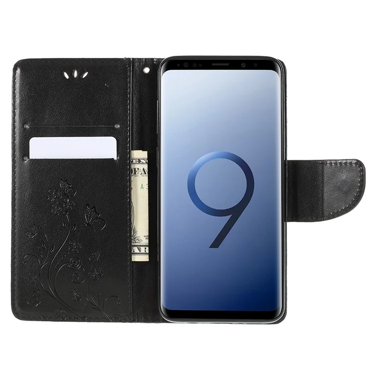 For Samsung Galaxy S9+ G965 Imprint Butterfly Flower Wallet Stand Leather Case - Black