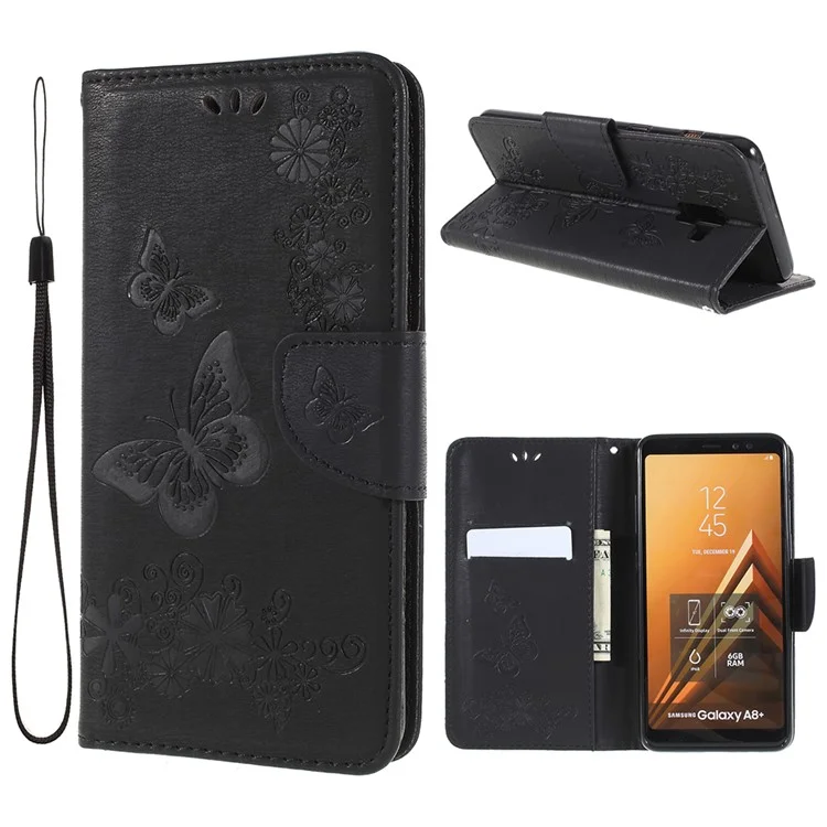 Imprinted Butterfly Flowers Wallet Leather Stand Case for Samsung Galaxy A8 Plus (2018) - Black