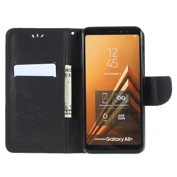 Imprinted Butterfly Flowers Wallet Leather Stand Case for Samsung Galaxy A8 Plus (2018) - Black