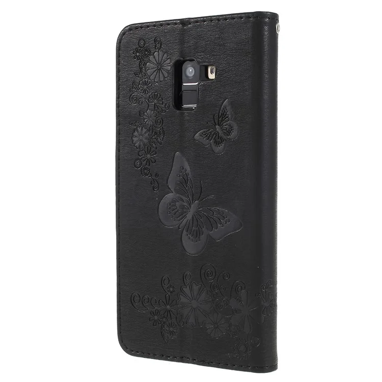 Imprinted Butterfly Flowers Wallet Leather Stand Case for Samsung Galaxy A8 Plus (2018) - Black