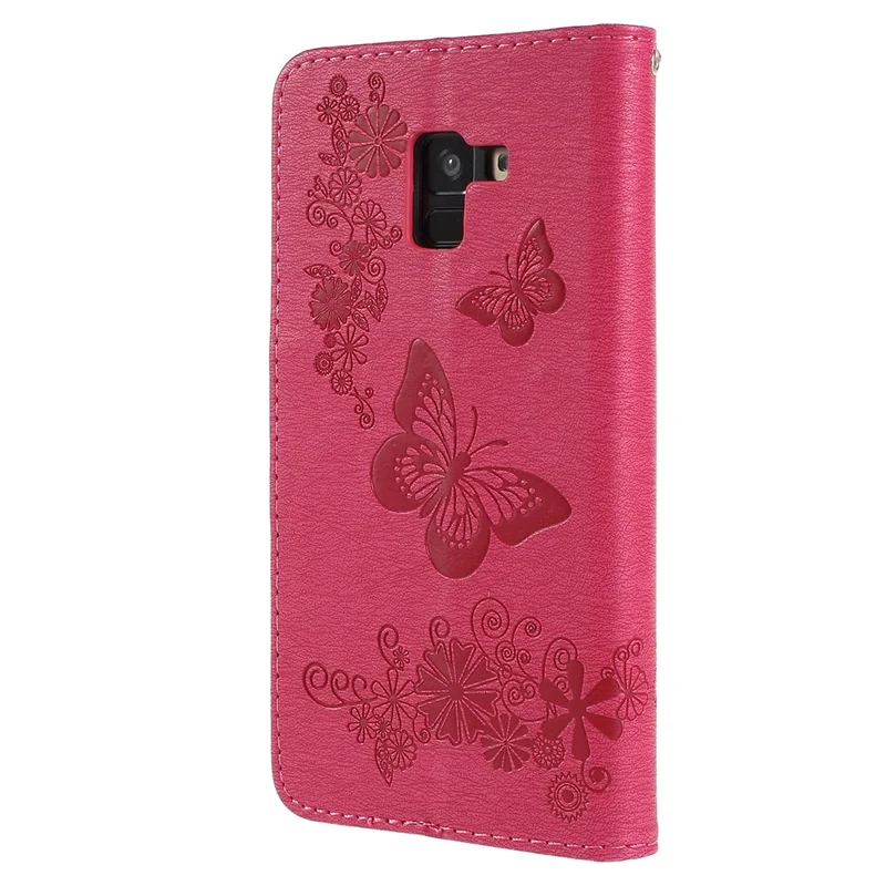 Imprinted Butterfly Flowers Stand Wallet Leather Shell for Samsung Galaxy A8 (2018) - Rose