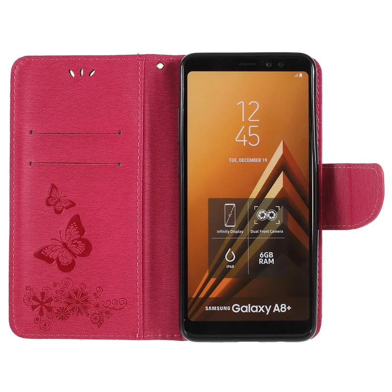 Imprinted Butterfly Flowers Stand Wallet Leather Shell for Samsung Galaxy A8 (2018) - Rose