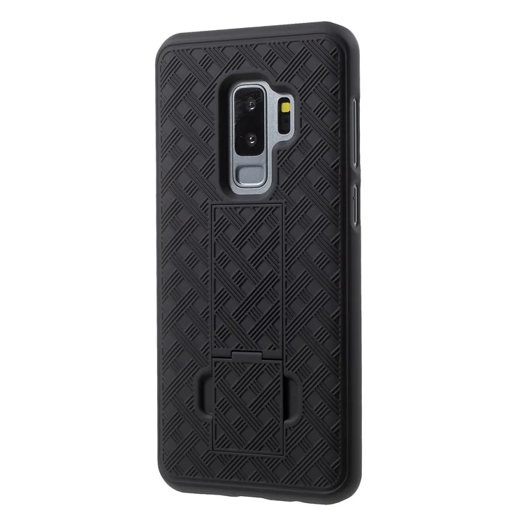 For Samsung Galaxy S9 Plus G965 Sliding Grid Pattern Holster Hard Case with Belt Clip - Black